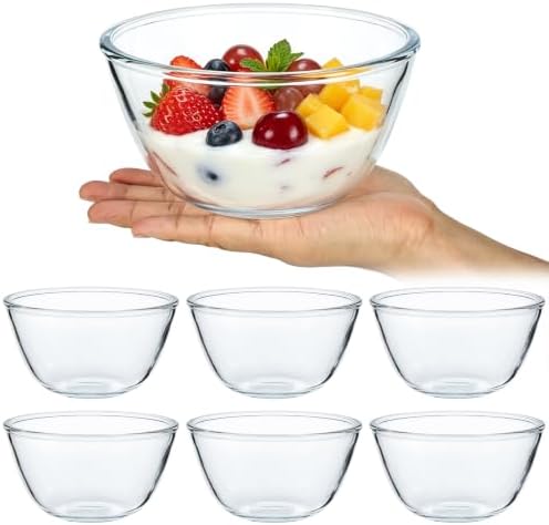 27oz Flat Bottom Glass Bowl Set of 6, 6in Clear Salad Serving Bowls