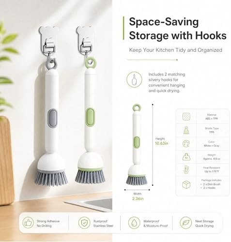 2Pcs 360° Rotating Dish Brush with Soap Dispenser, Non-Slip Long