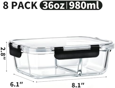 8-Pack 36 oz Borosilicate Glass Meal Prep Containers