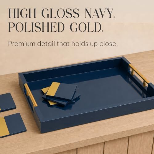 Wood Serving Tray with Gold Handles, 16x12, Navy Blue by Death Decor