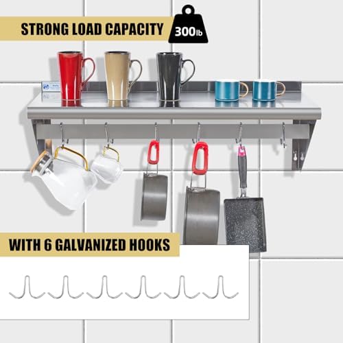 Hally Stainless Steel Shelf with 6 Hooks 14"x36" Wall Mounted Pot Rack NSF