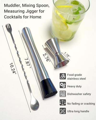 8”Stainless Steel Muddler, 10”Mixing Spoon & Jigger for Cocktails
