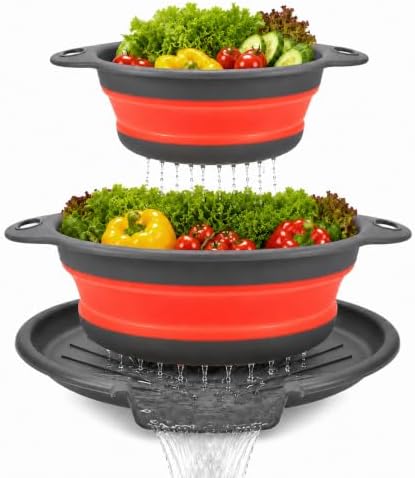 2 Collapsible Colanders with Self-Draining Tray (Red)