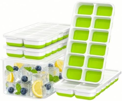 Ice Cube Tray with Lid and Bin - 4 Pack 48 Cubes Stackable Freezer