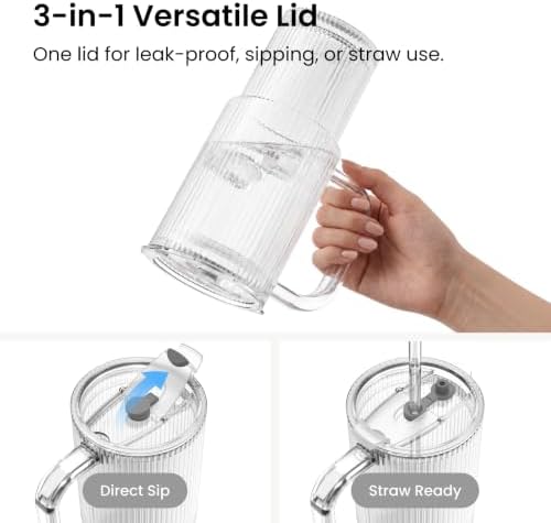 INSETLAN 24 oz Ribbed Glass Tumbler with Handle, Set of 2 Iced Coffee