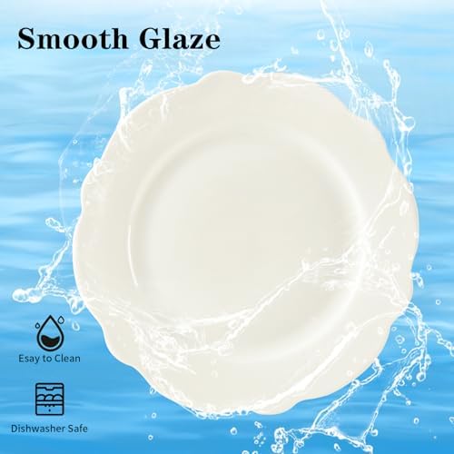 10.5” White Porcelain Large Dinner Plates Leave Wave Rim Set of 8