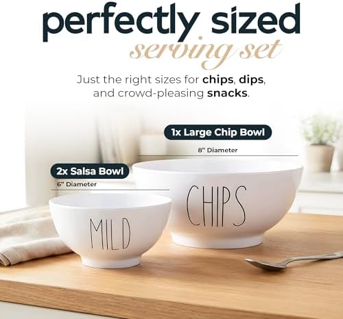 Farmhouse Chips and Salsa Bowl Set (Hot and Mild), White, Shatterproof