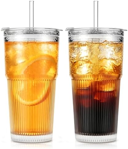 SoulTimes 20oz Wave Ribbed Glass Tumbler with Lid and Straw – Iced