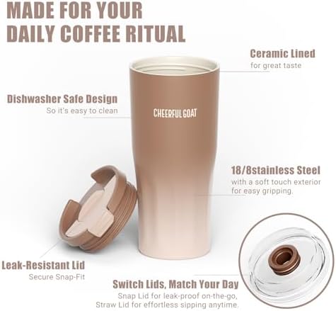 CHEERFUL GOAT Ceramic Travel Tumbler Ceramic Coffee Mug with 2 Lids