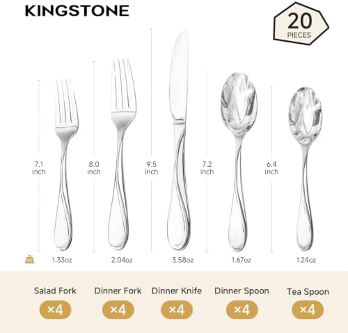KINGSTONE 20-Piece Silverware Set Service for 4, Heavy Duty Stainless