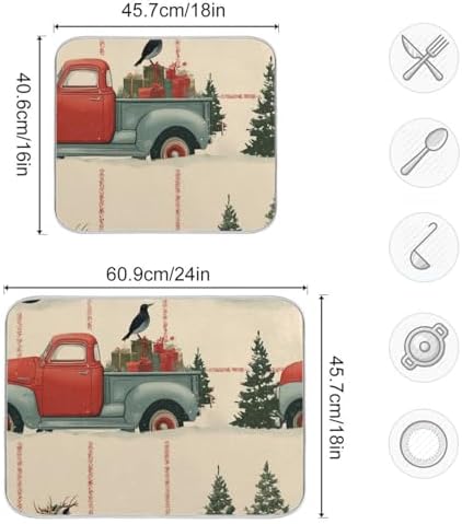 OTVEE Red Truck Snow Fun Dish Drying Mat for Kitchen Counter Absorbent