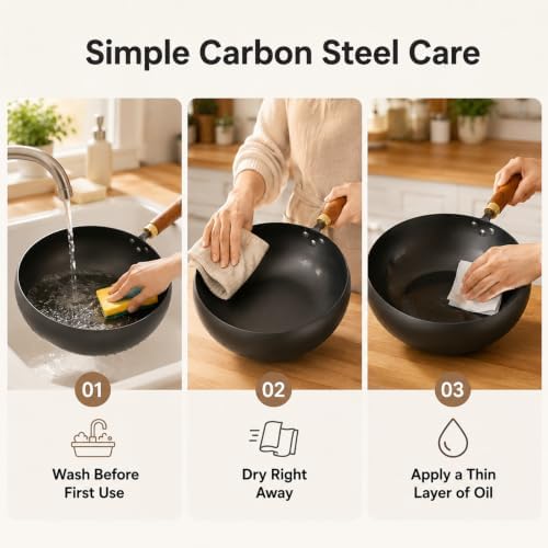 WANGYUANJI 9.5-Inch Carbon Steel Wok with Lid, Flat Bottom Stir Fry Pan