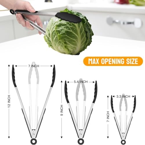 3-Piece Cooking Tongs, 7", 9" and 12", Black