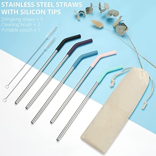 Senneny Set of 5 Stainless Steel Straws with Silicone Flex Tips Elbows