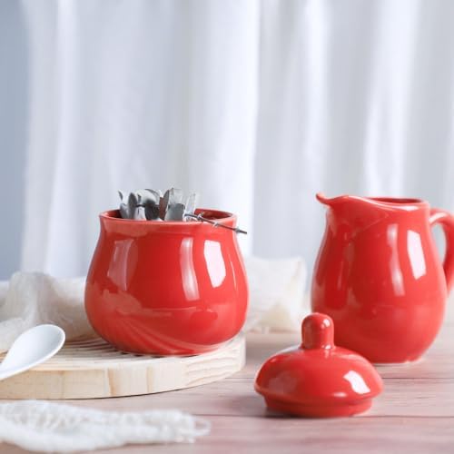 Ceramic Colorful Creamer and Sugar Set with Lid Spoon, Coffee Serving