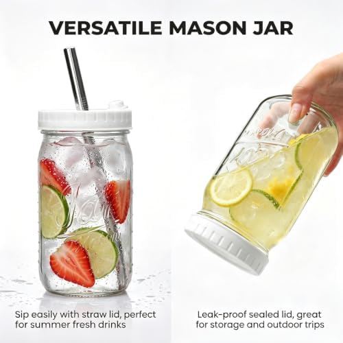 Mapoxy 32oz Mason Jars Cups with Plastic Lids & Straws 2 Pack