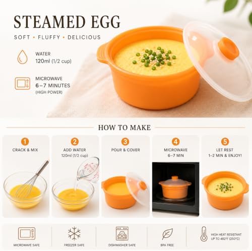 Microwave Silicone Food Steamer Set of 2, with Lid, 2.5 Cup, Made in