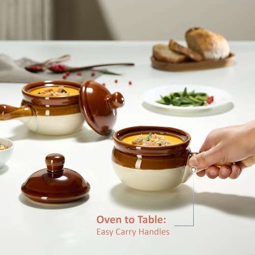 KooK French Onion Soup Crocks, Ceramic Bowls with Lids, Large Handles