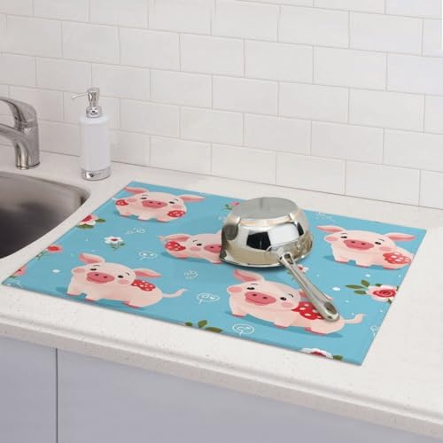 Microfiber Dish Drying Mat For Kitchen Countertop Cute Piggy Lovely