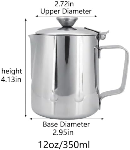 Milk Frothing Pitcher, 350ml (12oz), Stainless Steel Creamer with Lid