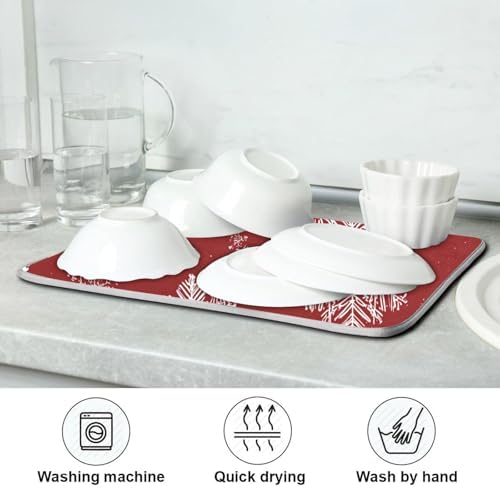 OTVEE Snowflake Red Aesthetic Dish Drying Mat for Kitchen Counter