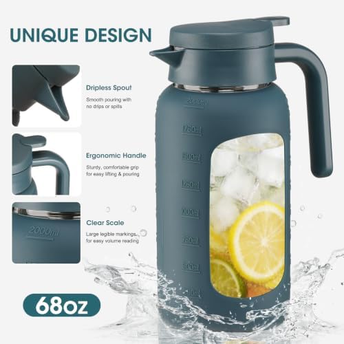 68oz Glass Pitcher with Handle and Lid,Borosilicate Leakproof Glass