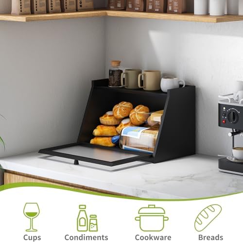 BMOSU Bread Box for Kitchen Countertop Large Capacity Corner Bread Box Farmhouse Bread Container Bread Storage Bread Holder (Black, Large)