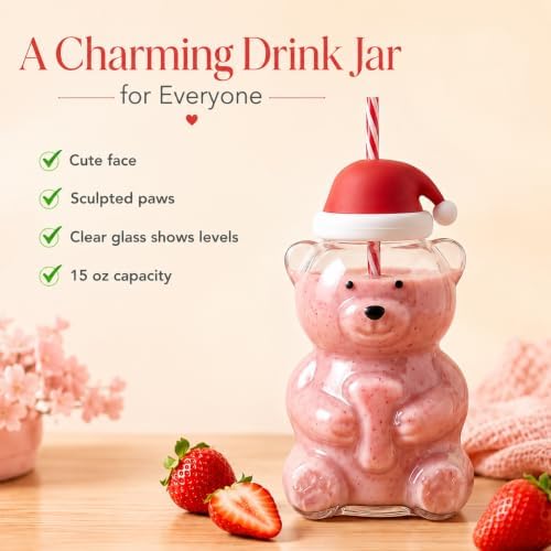 Teddy Bear Glass Cup with 4 Interchangeable Hat Lids & 4 Reusable