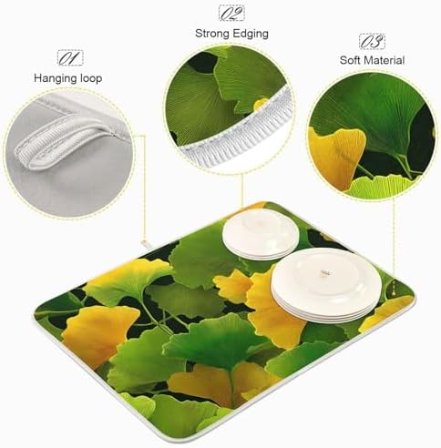 OTVEE Golden Leaf Art Dish Drying Mat for Kitchen Counter Absorbent