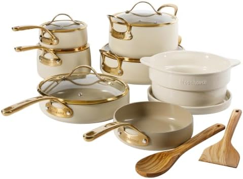 Bloomhouse 15-Piece Ceramic Nonstick Cookware Set, Two Time Oprah's Favorite Things, Heavy-Gauge Aluminum Pots and Pans Set, PFAS & PFOA & PTFE Free Ceramic Cookware, Oven Safe to 500°F, Almond Cream