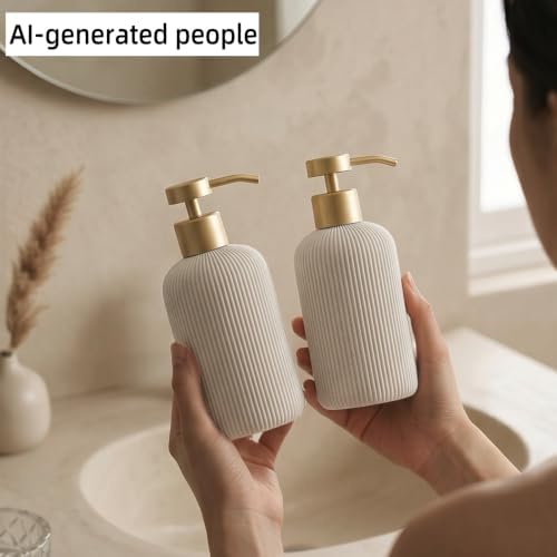 Soap Dispenser14.2OZ, 2PCS Luxurious Stripe,Beige, Gold Pump