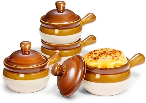 KooK French Onion Soup Crocks, Ceramic Bowls with Lids, Large Handles