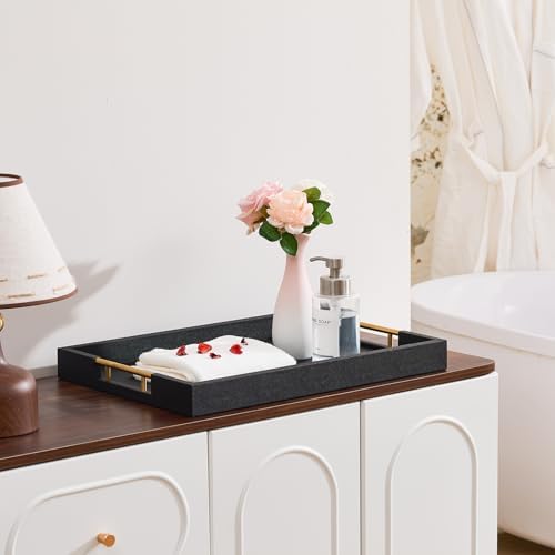 Rectangular 18×14 Inch Black Wood Ottoman Serving Tray with Metal