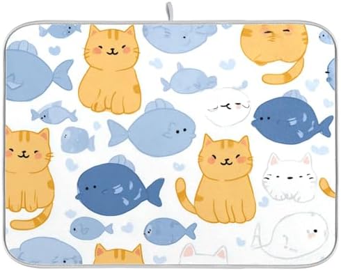 OTVEE Bubbly Cat Print Dish Drying Mat for Kitchen Counter Absorbent
