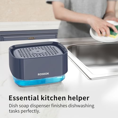 ROSEOK Dish Soap Dispenser with Sponge Holder, Navy Blue