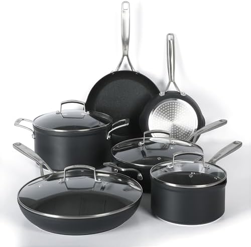 Babish 10 Piece Hard Anodized Laser Titanium Forever Non Stick Technology Durable Pots and Pans Cookware Set - Black
