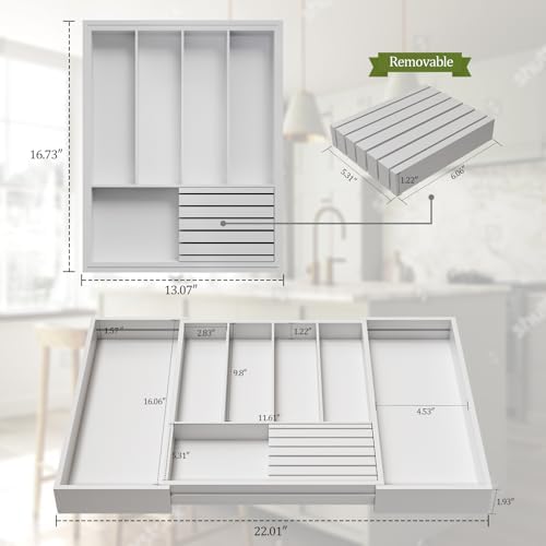 Bamboo Kitchen Silverware Drawer Organizer - Expandable Wood Utensil Holder with Dividers, Luxury Cutlery Storage Tray for Kitchen Utensil and Flatware (5-7 Slots with Removable Knife Block, (White)
