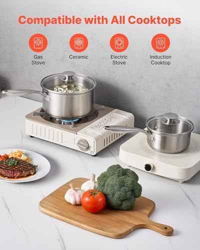 VEVOR Stainless Steel Saucepan Set, 1 QT & 2 QT & 3 QT Saucepans with Glass Lids, Multipurpose Nonstick Stainless Steel Sauce Pot with Ergonomic Handle, Friendly for Oven, Dishwasher, Induction Cooker