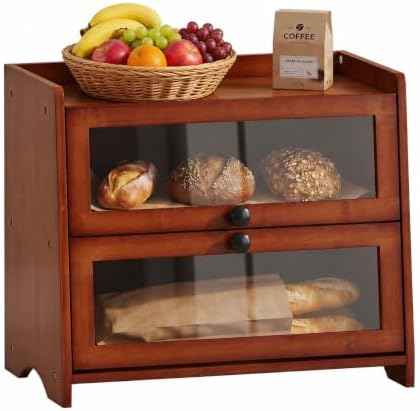 Brown Bread Box for Kitchen Countertop, 2 Tier Large Capacity Wooden Bread Storage Container, Farmhouse Bread Keeper for Bread, Bagels, Pantry Organizer
