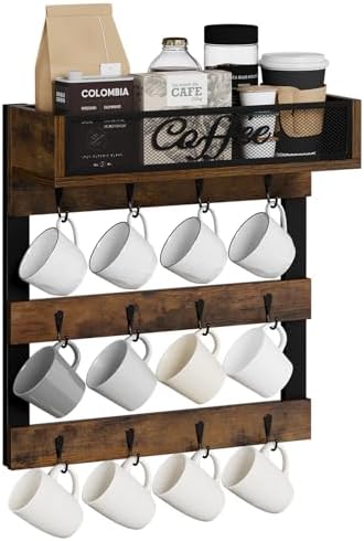 YINMIT Coffee Cup Holder Wall Mounted, 12-Hook Mug and Shelf for