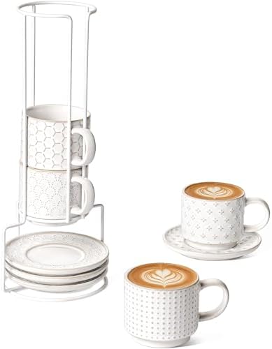 LE TAUCI 6 oz Stackable Cappuccino Cups with Saucers and Stand, Set of