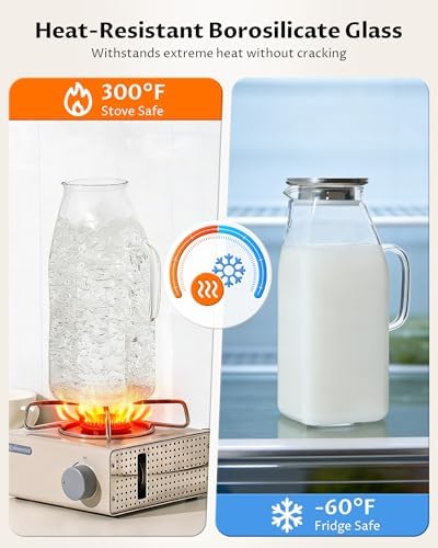 68oz Glass Pitcher with Lid, Borosilicate Glass Carafe with Filter