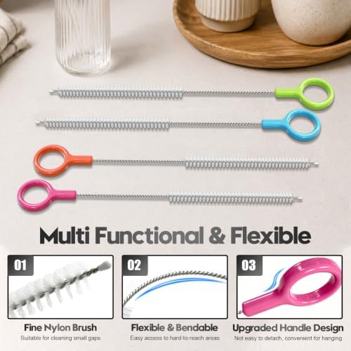 AONEZ 8 Pcs Straw Cleaner Brush Set with Color Hanging Loop