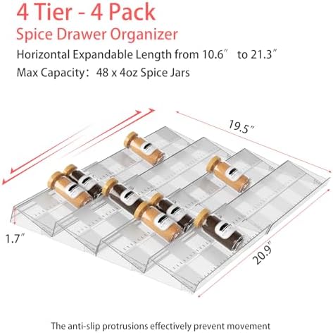 4-Tier Non-Slip Spice Drawer Organizer, 4-Pack Checkered Frosted Clear
