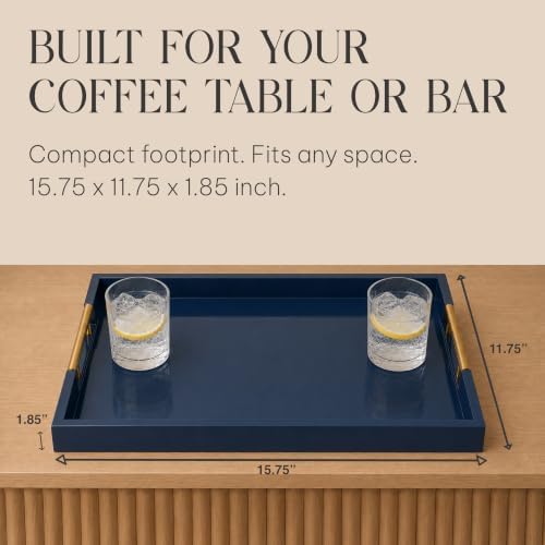 Wood Serving Tray with Gold Handles, 16x12, Navy Blue by Death Decor