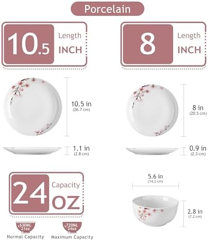 VEWEET Porcelain Dinnerware Sets for 4, 12 Piece Pink Plates Bowls