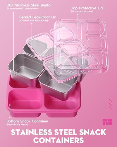 BiuLeon Snackle Box Containers, Stainless Steel 5 Compartments Divided
