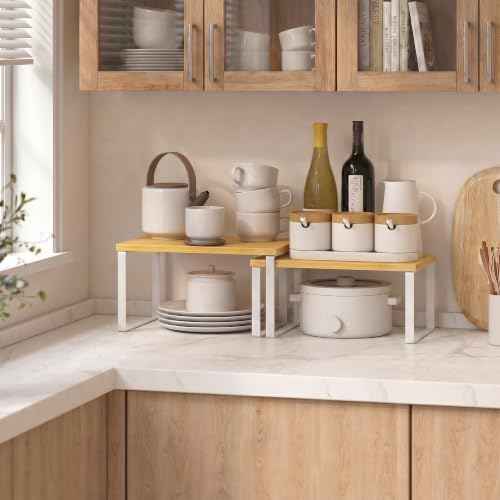Kitchen Cabinet Organizer Shelf, Set of 4 Wood Kitchen Counter Shelves Riser with Metal Legs, Stackable Expandable Kitchen Storage Spice Rack, Can Cup Dish Organizer, Bamboo