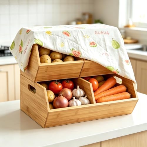 Bamboo Potato Onion Storage Bin, Stackable Ventilated Produce Basket