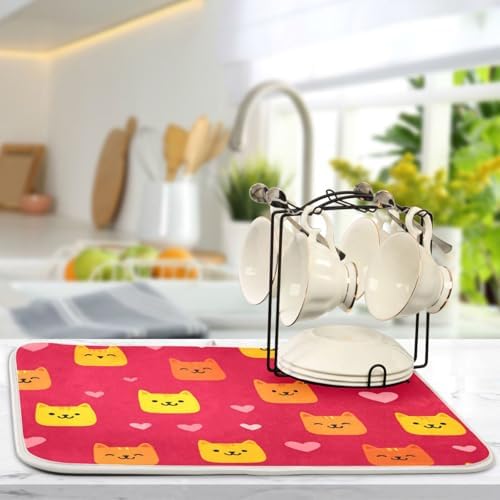 OTVEE Red Cat Art Dish Drying Mat for Kitchen Counter Absorbent Heat